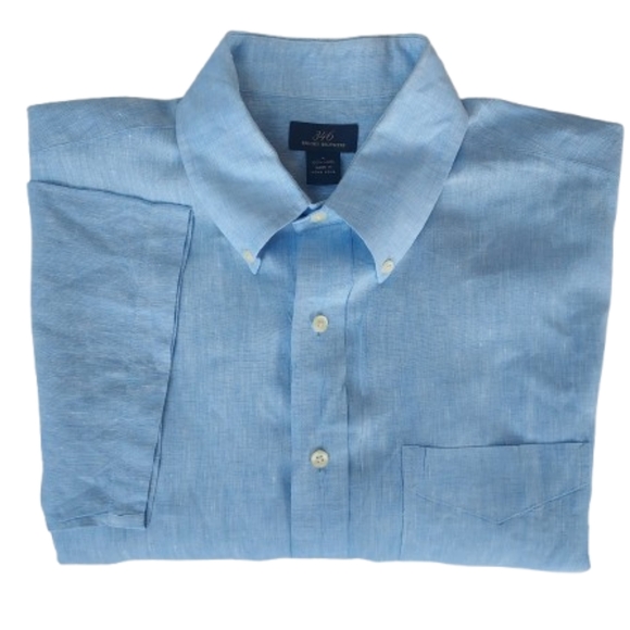 Brooks Brothers Men's Short Sleeve Blue Linen Button Up Shirt Size Large